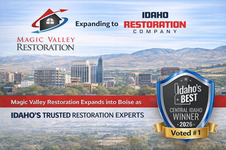 Magic Valley Restoration expansion to Boise as Idaho Restoration Company with Boise skyline background and Idaho’s Best Central Idaho Winner 2026 badge