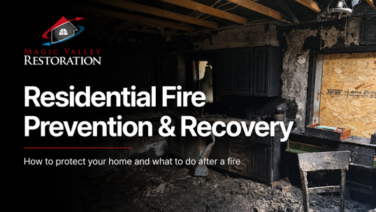 Fire-damaged residential kitchen with charred cabinets, soot-covered walls, and debris during a Magic Valley Restoration project.