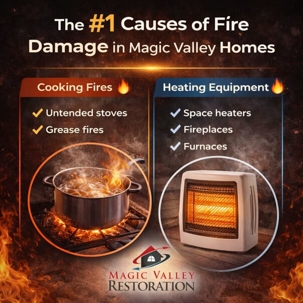 Graphic showing the most common causes of fire damage in Magic Valley homes, including cooking fires and heating equipment, created by Magic Valley Restoration.