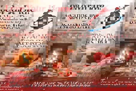 Cozy Valentine’s Day living room with fireplace, heart decorations, and Magic Valley Restoration logo promoting winter home protection in Twin Falls, Idaho.