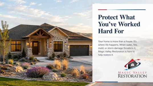 Southern Idaho home with landscaped yard and Magic Valley Restoration branding, featuring the message “Protect What You’ve Worked Hard For” for June Homeownership Month.